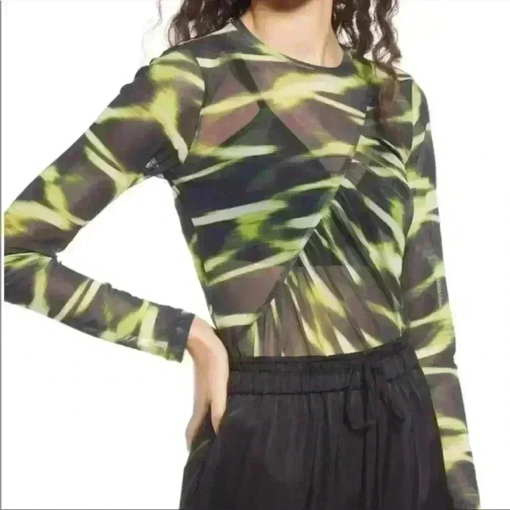 Open Edit Ruched Mesh Top in Green Thyme Lightstripe Size XXS NWT